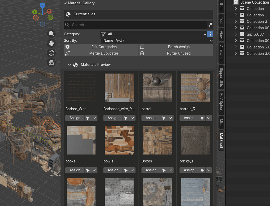 MatShelf grid view showing material thumbnails in a 3-column layout