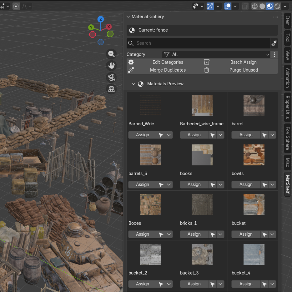 MatShelf addon showing a visual material gallery in Blender's 3D viewport sidebar